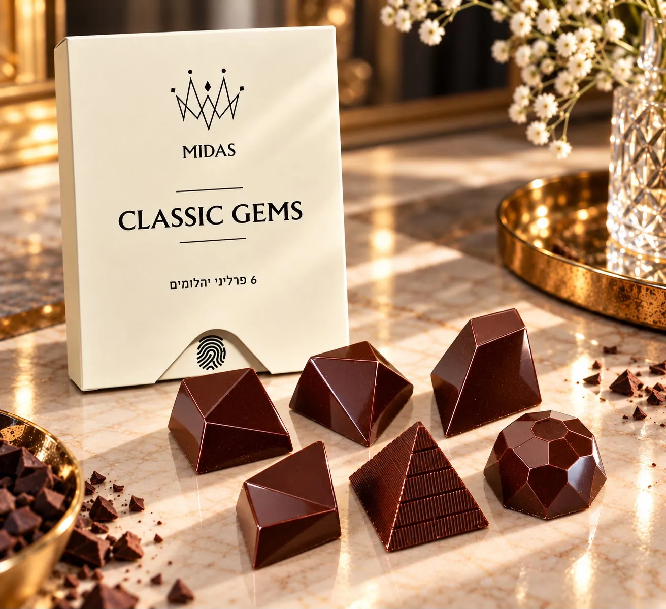 מארז Classic Gems של מידאס ושישה פרליני שוקולד בצורת יהלומים על משטח שיש